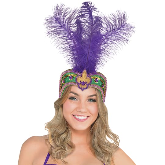 14&#x22; Over the Top Feather Bejeweled Mardi Gras Headband